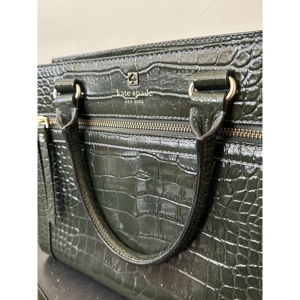 Kate‎ Spade NY Crocodile Embossed Leather Shoulder Satchel Handbag Dark Green